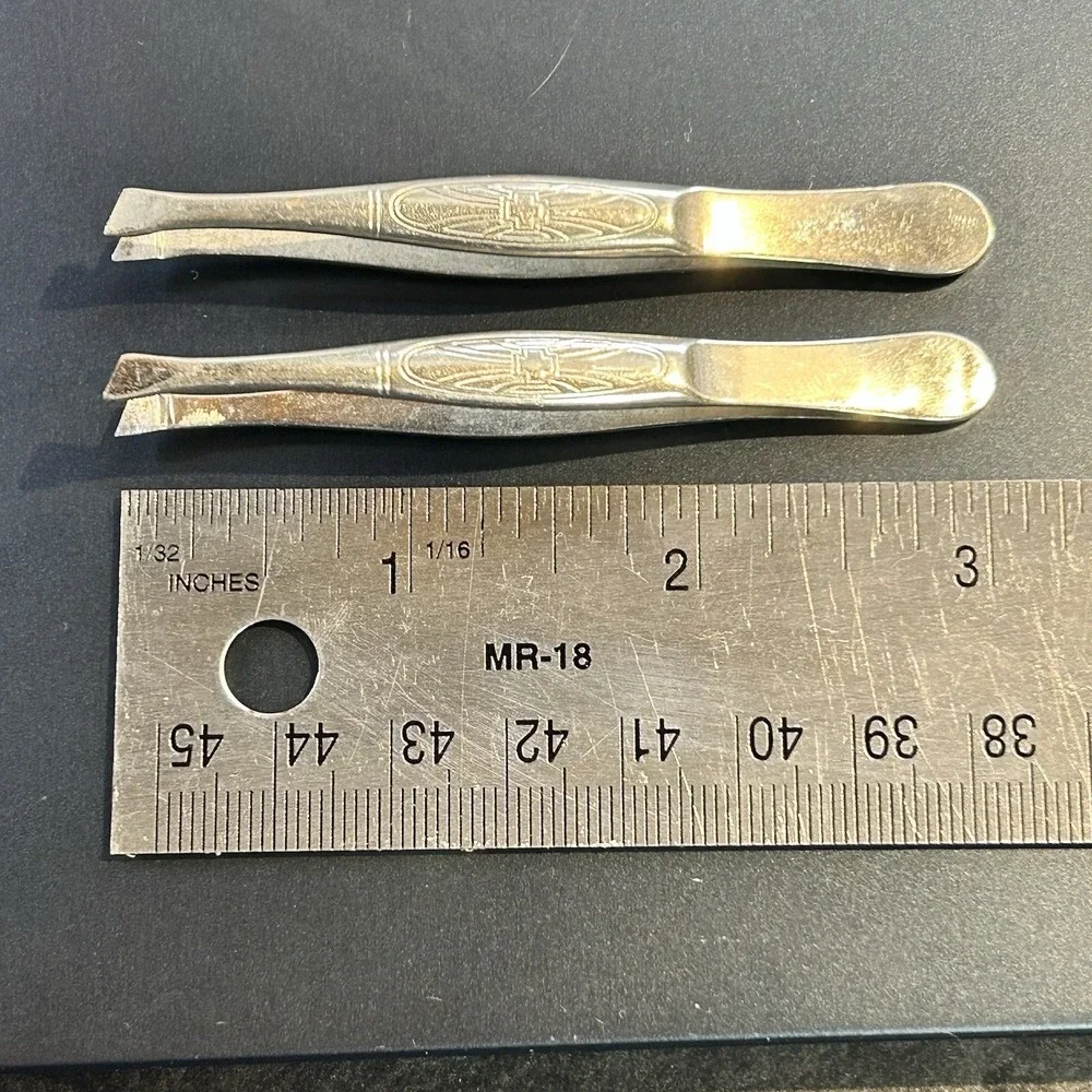 2- Vintage La Cross 924 Silver‎ Slant Tip Tweezers Medical Cross Emblem USA